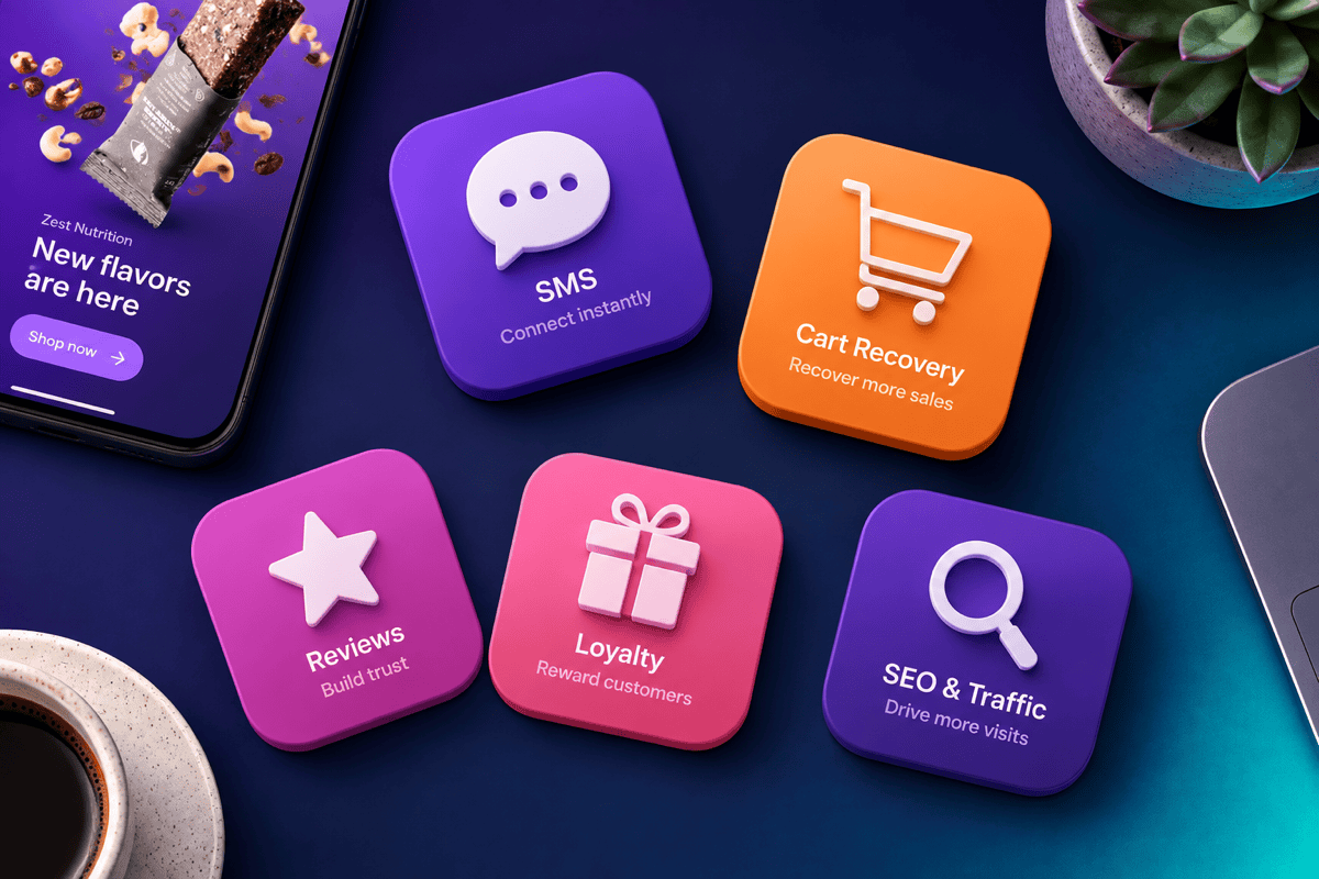 Shopify app tiles for SMS, cart recovery, reviews, loyalty, and SEO arranged on a desk beside a store phone