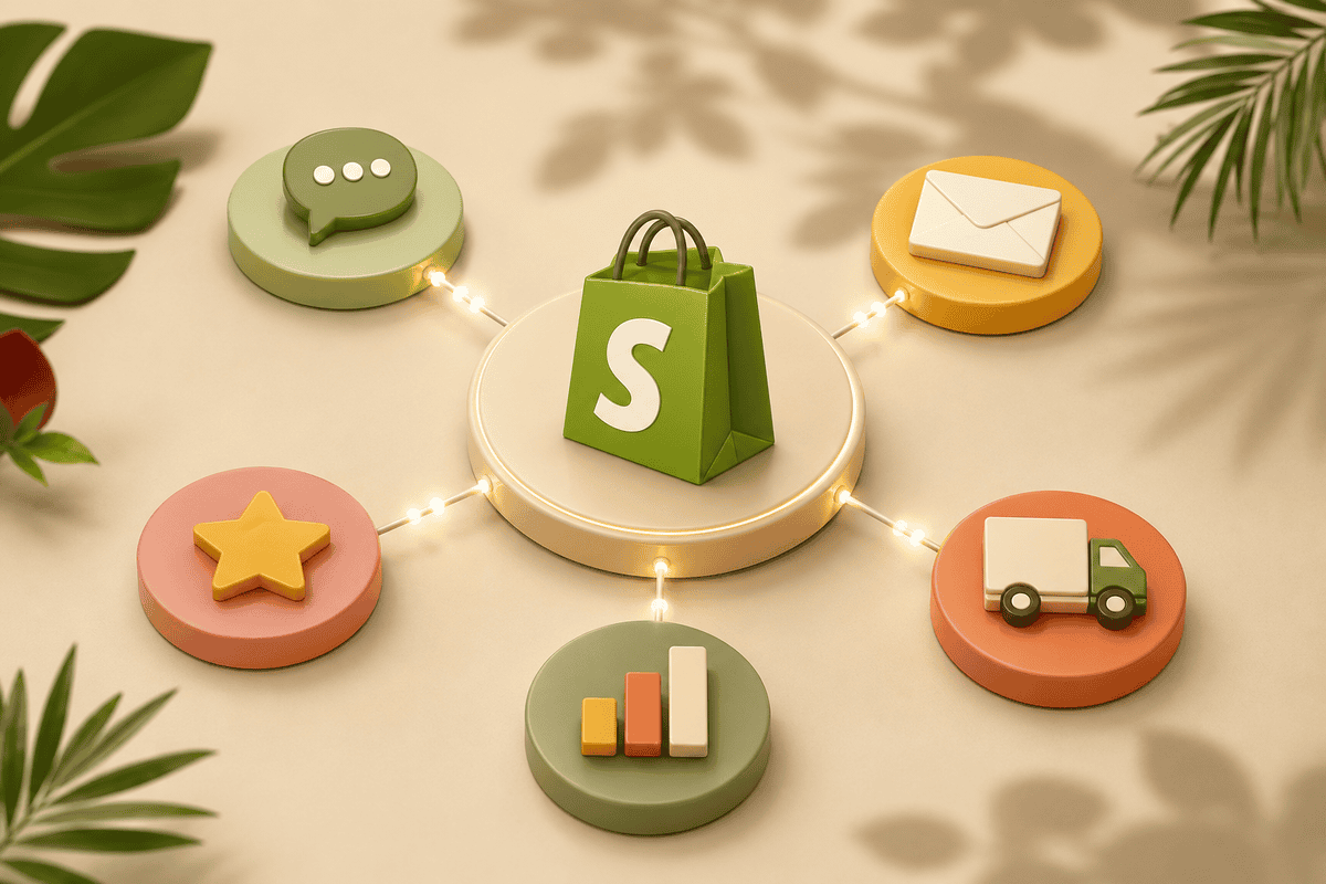 A Shopify store connected to messaging, email, reviews, shipping, and analytics integrations