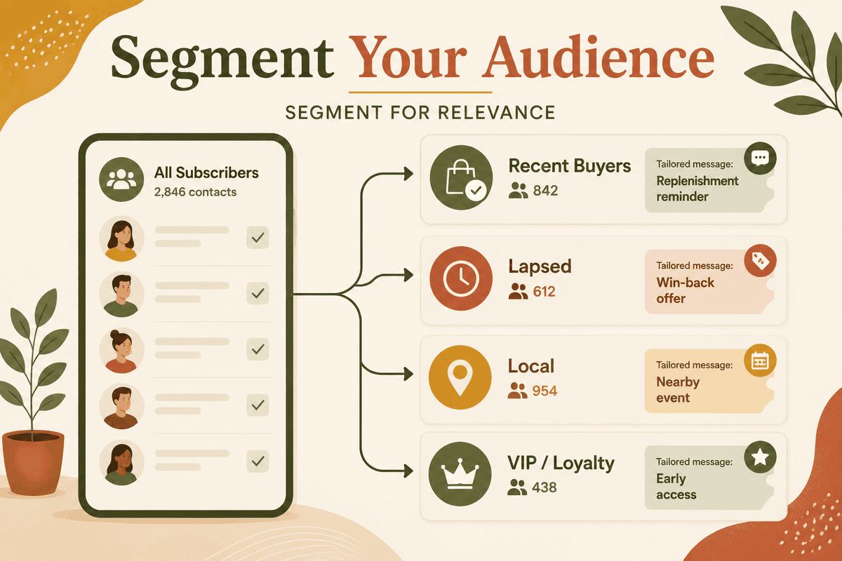 A subscriber list of 2,846 contacts split into four segments, recent buyers, lapsed, local, and VIP or loyalty, each getting a tailored message