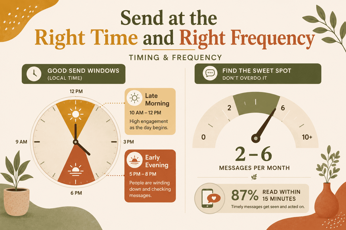 SMS timing and frequency guide: good send windows are late morning and early evening, with a sweet spot of two to six messages per month