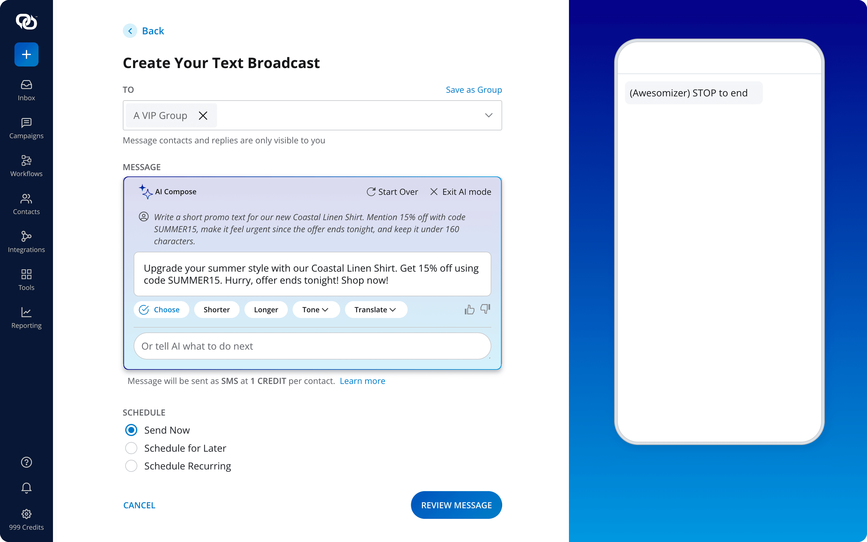 EZ Texting AI Compose generating an SMS from a prompt