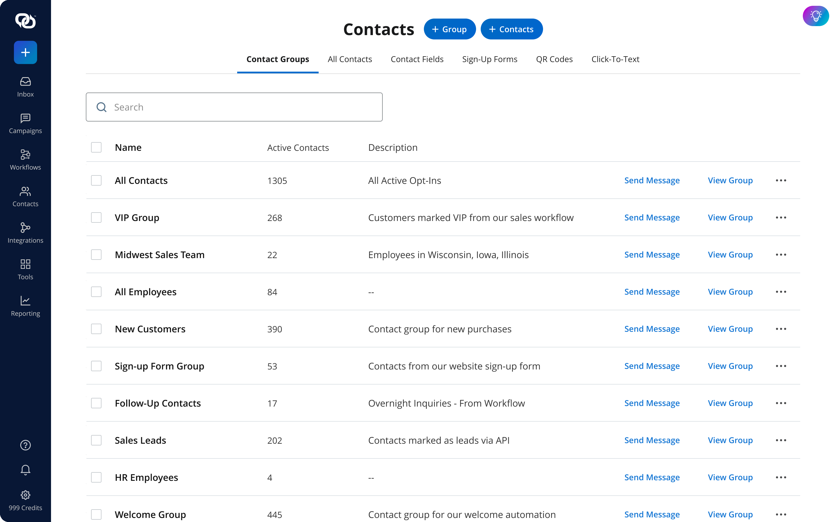 The EZ Texting contacts view showing subscriber records and audience segments