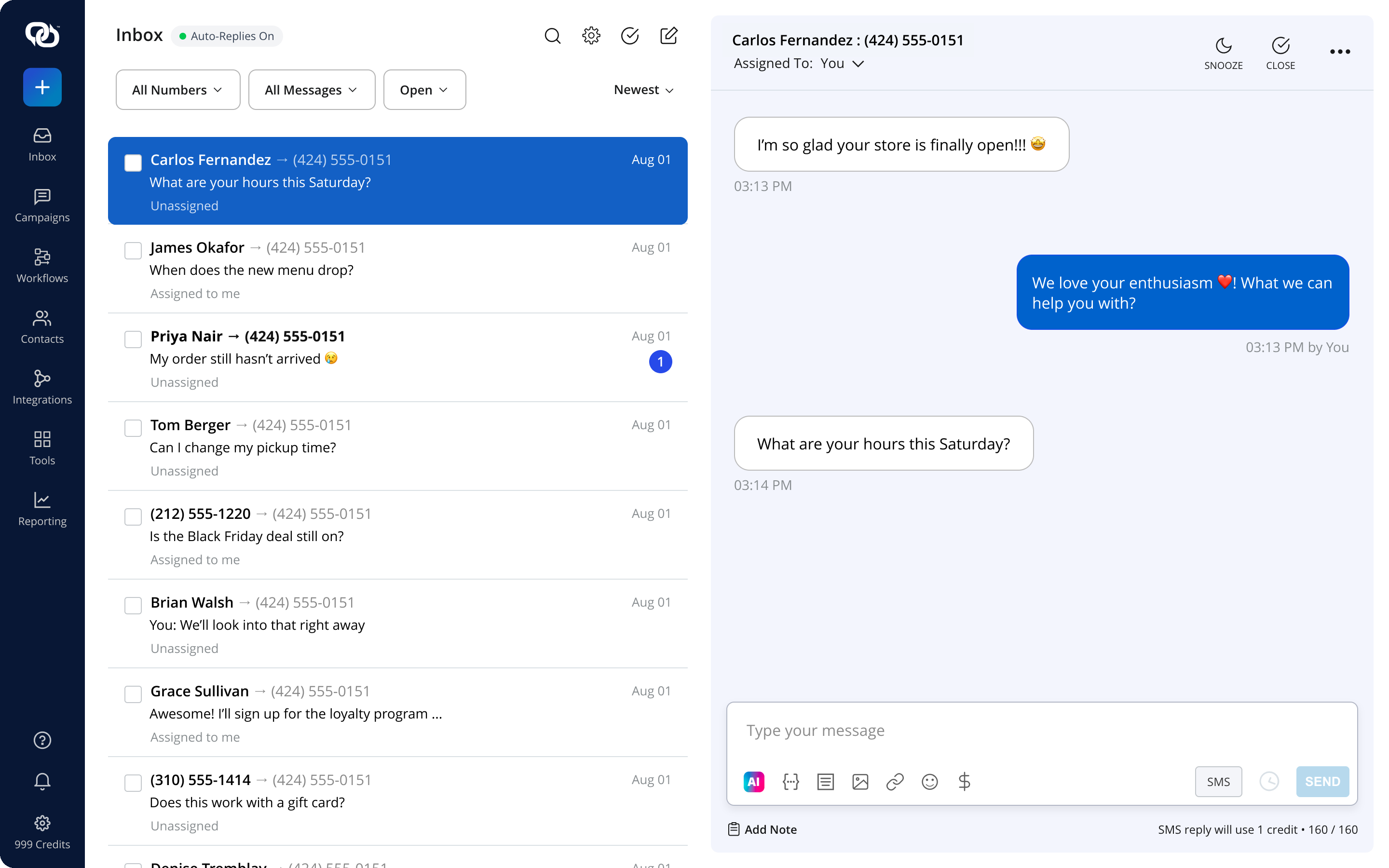 EZ Texting two-way inbox showing threaded SMS conversations with customers.