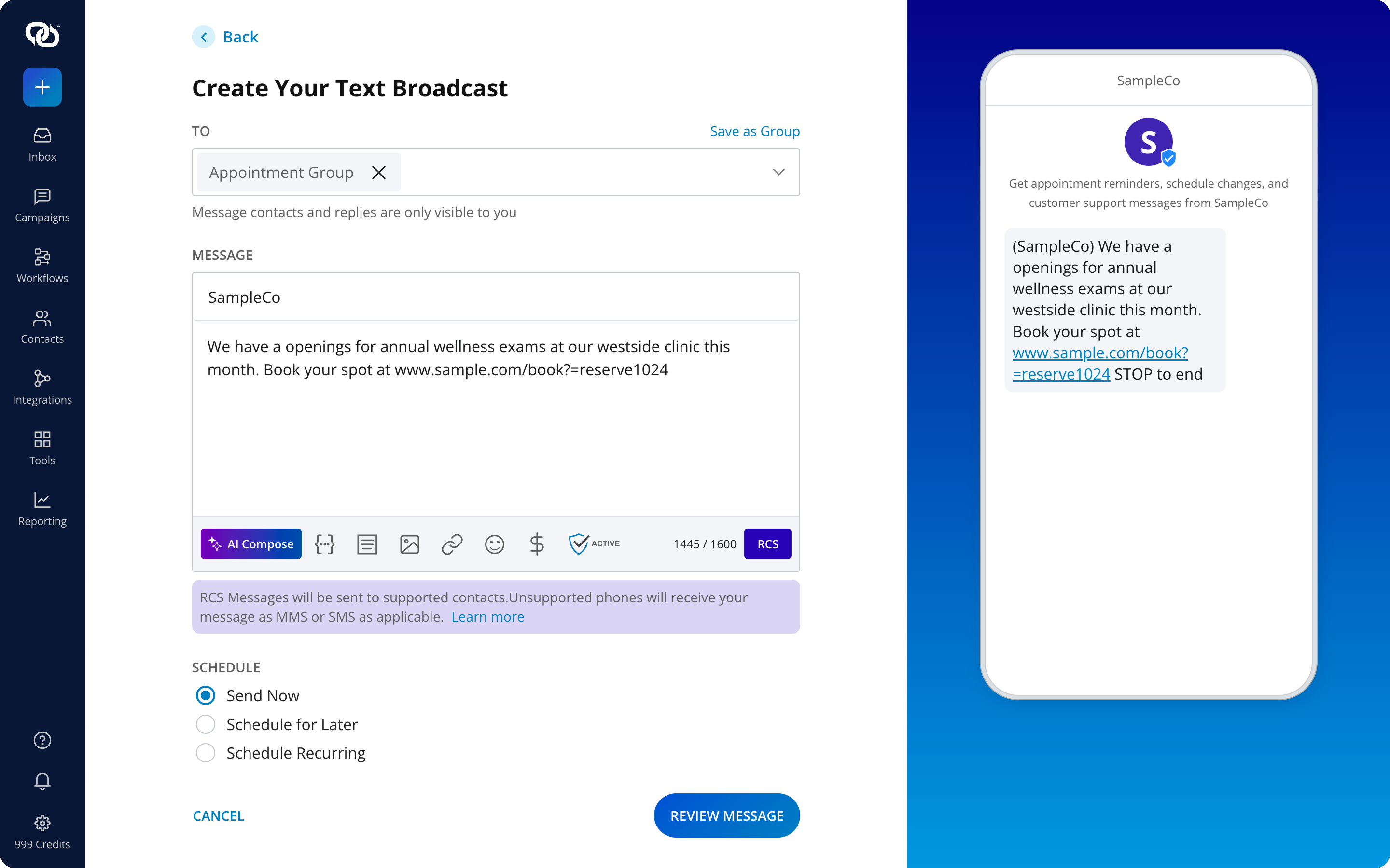 The EZ Texting broadcast composer with RCS enabled, showing a verified branded RCS message preview on a phone
