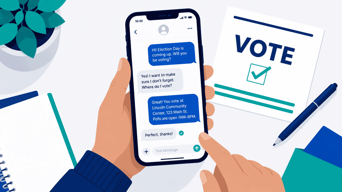A voter having a two-way text conversation about when and where to vote.