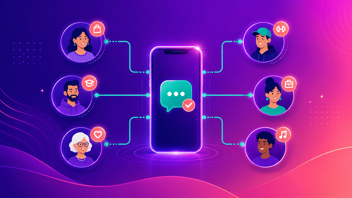 A phone connected to a diverse group of voters, illustrating audience segmentation for targeted texting.