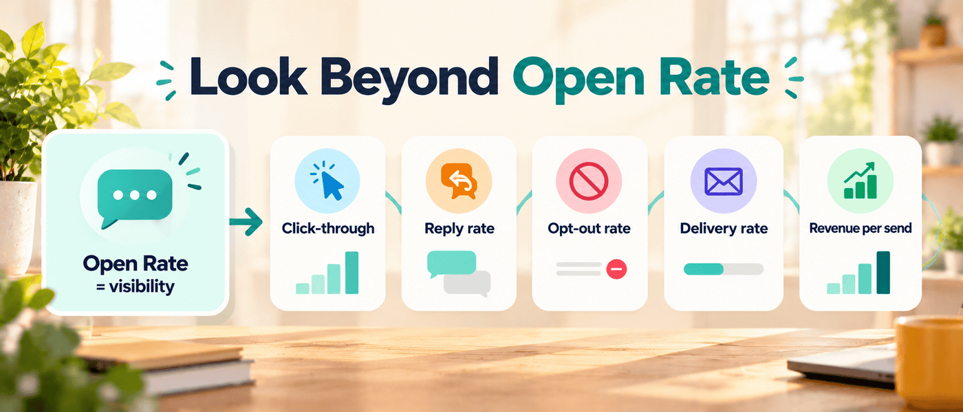 Infographic showing the metrics that matter beyond open rate: click-through, reply rate, opt-out rate, delivery rate, and revenue per send