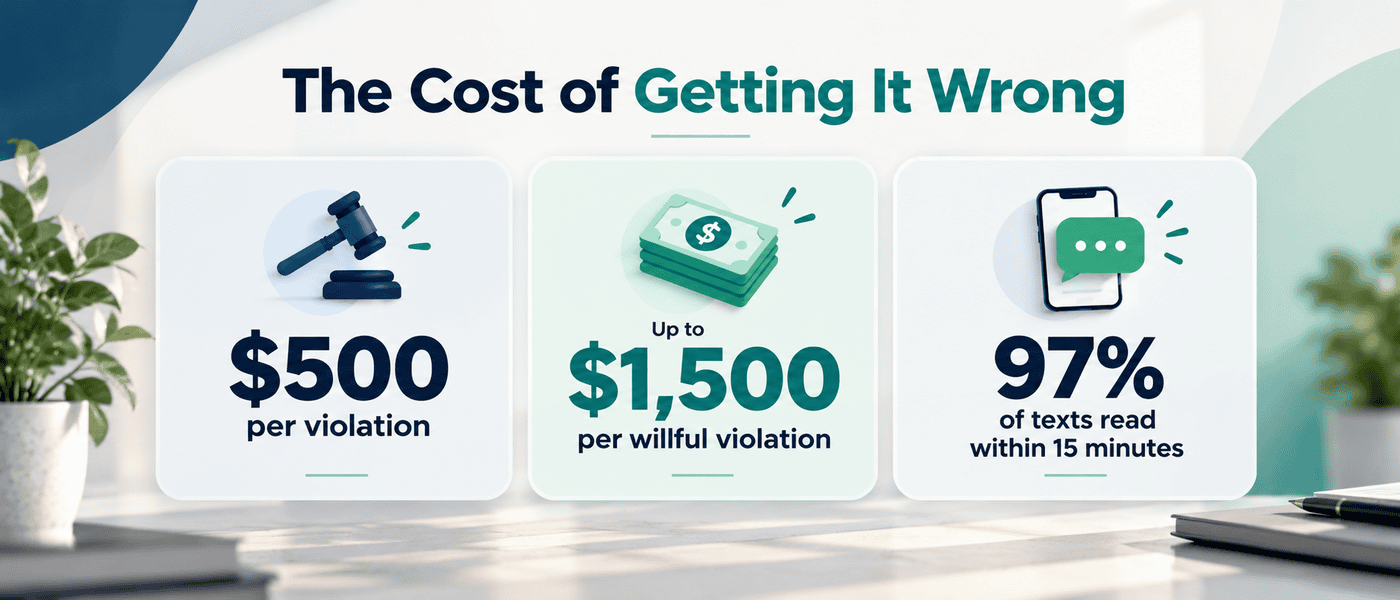 Infographic on the cost of SMS non-compliance: $500 per violation, up to $1,500 per willful violation, and 97% of texts read within 15 minutes