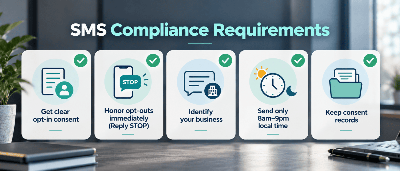 SMS compliance requirements: get clear opt-in consent, honor opt-outs immediately with Reply STOP, identify your business, send only 8am to 9pm local time, and keep consent records