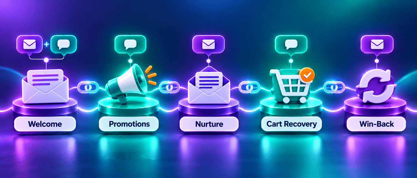 Customer journey showing which channel fits each stage: welcome (email and SMS), promotions (SMS), nurture (email), cart recovery (SMS), and win-back (email)