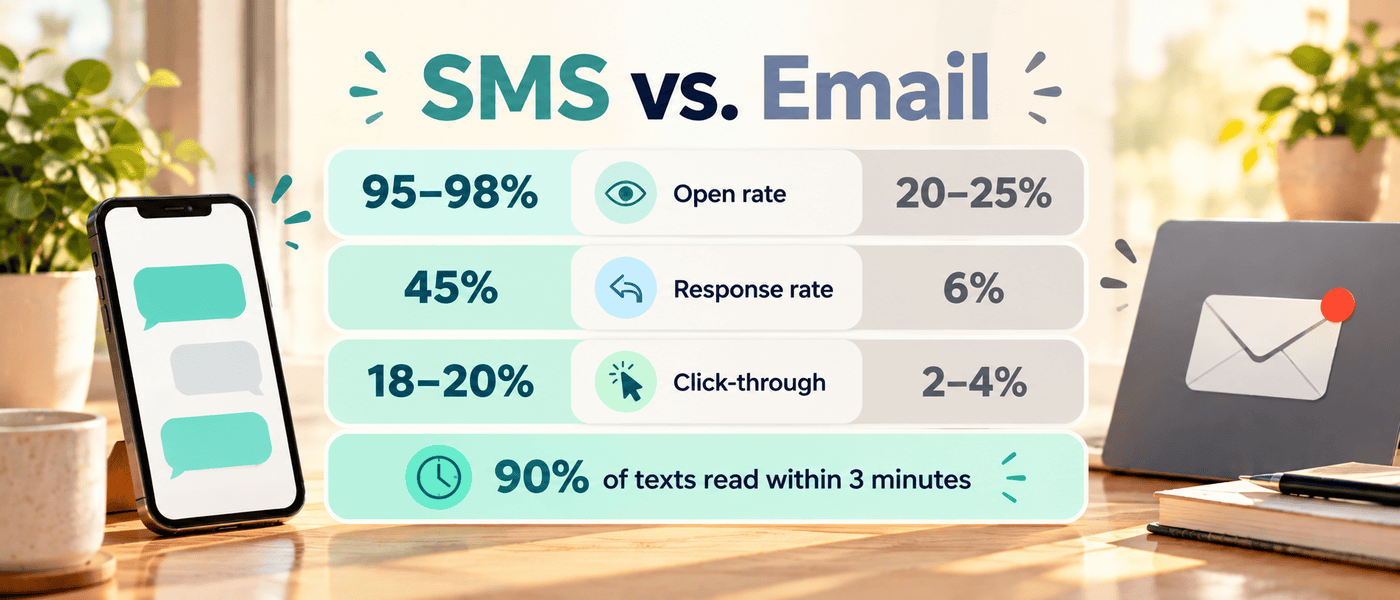 Infographic comparing SMS and email: 95 to 98 percent vs 20 to 25 percent open rate, 45 percent vs 6 percent response rate, 18 to 20 percent vs 2 to 4 percent click-through, and 90 percent of texts read within 3 minutes