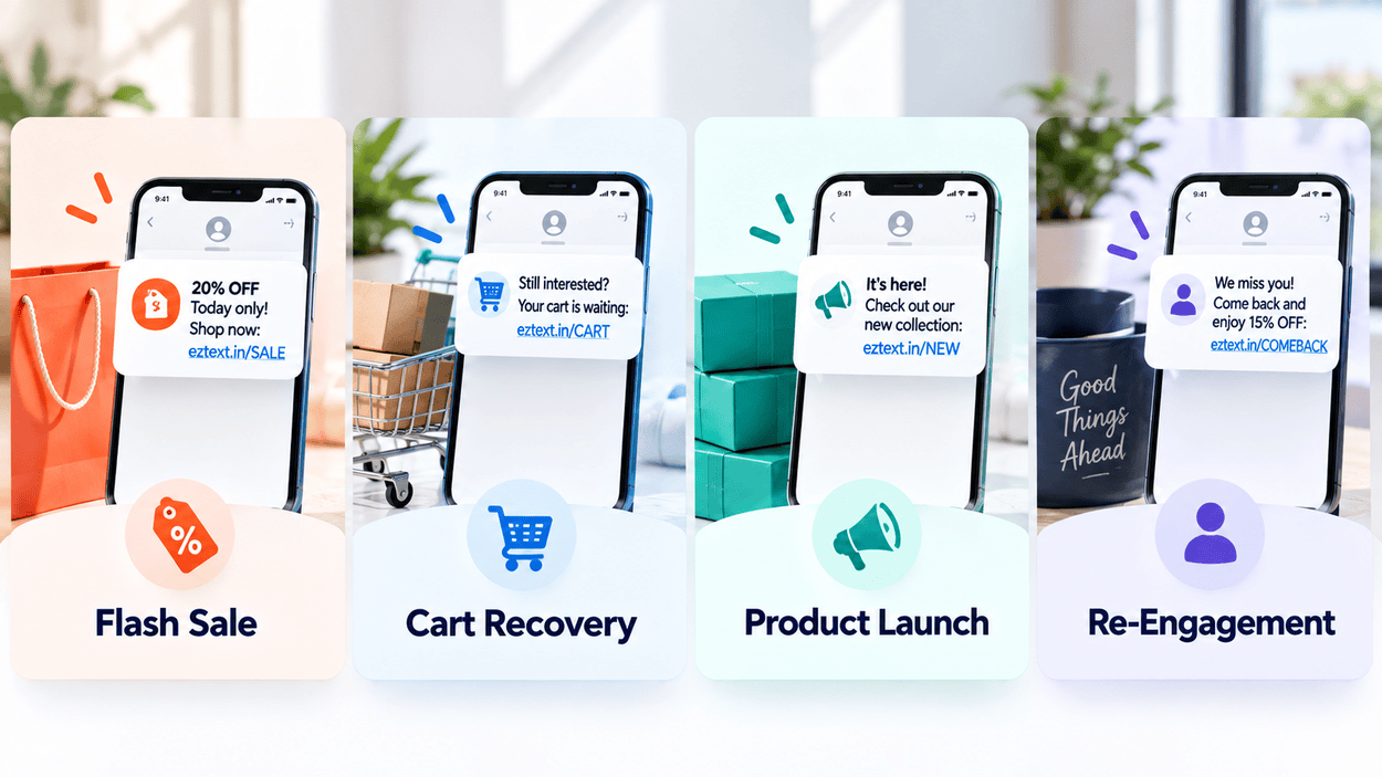 Four promotional SMS campaign types: flash sale, cart recovery, product launch, and re-engagement