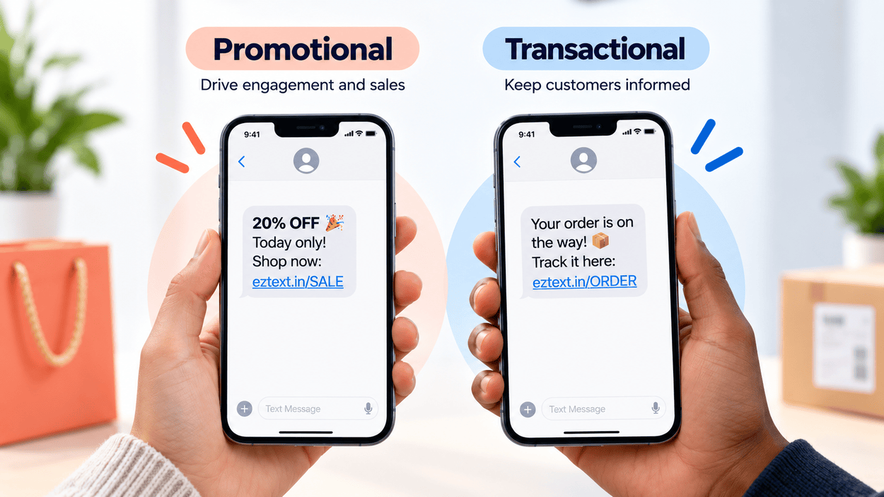 Side-by-side comparison of a promotional SMS and a transactional SMS