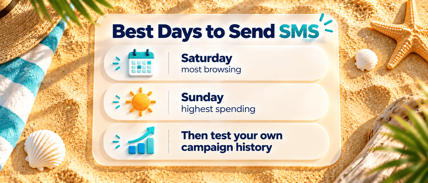Beach-themed guide to the best days to send SMS: Saturday for most browsing, Sunday for highest spending, then test your own campaign history