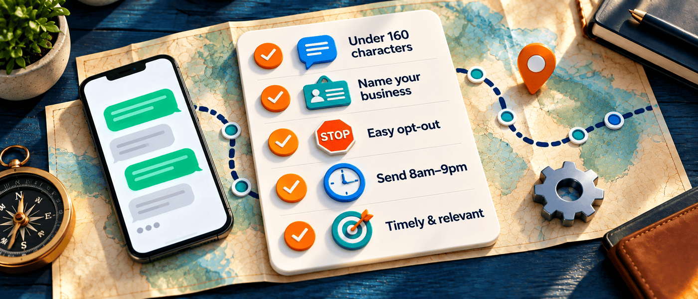 SMS best-practices checklist: keep messages under 160 characters, name your business, offer an easy opt-out, send between 8am and 9pm, and stay timely and relevant