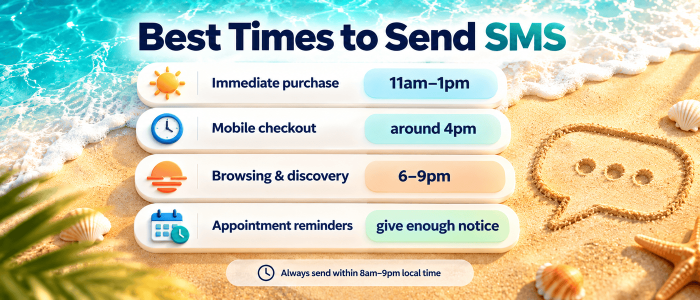 Beach-themed guide to the best times to send SMS: immediate purchase 11am to 1pm, mobile checkout around 4pm, browsing and discovery 6 to 9pm, appointment reminders with enough notice, always within 8am to 9pm local time