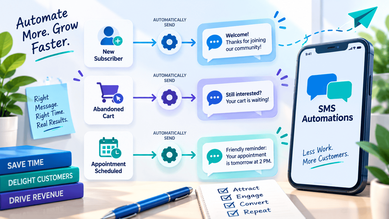 Diagram of SMS automation workflows for welcome, abandoned cart, and appointment reminder messages