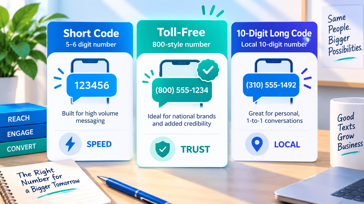 Comparison of the three SMS sender types: short code, toll-free, and 10-digit long code
