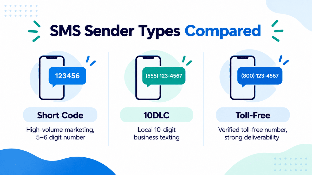 SMS sender types compared: short code, 10DLC, toll-free
