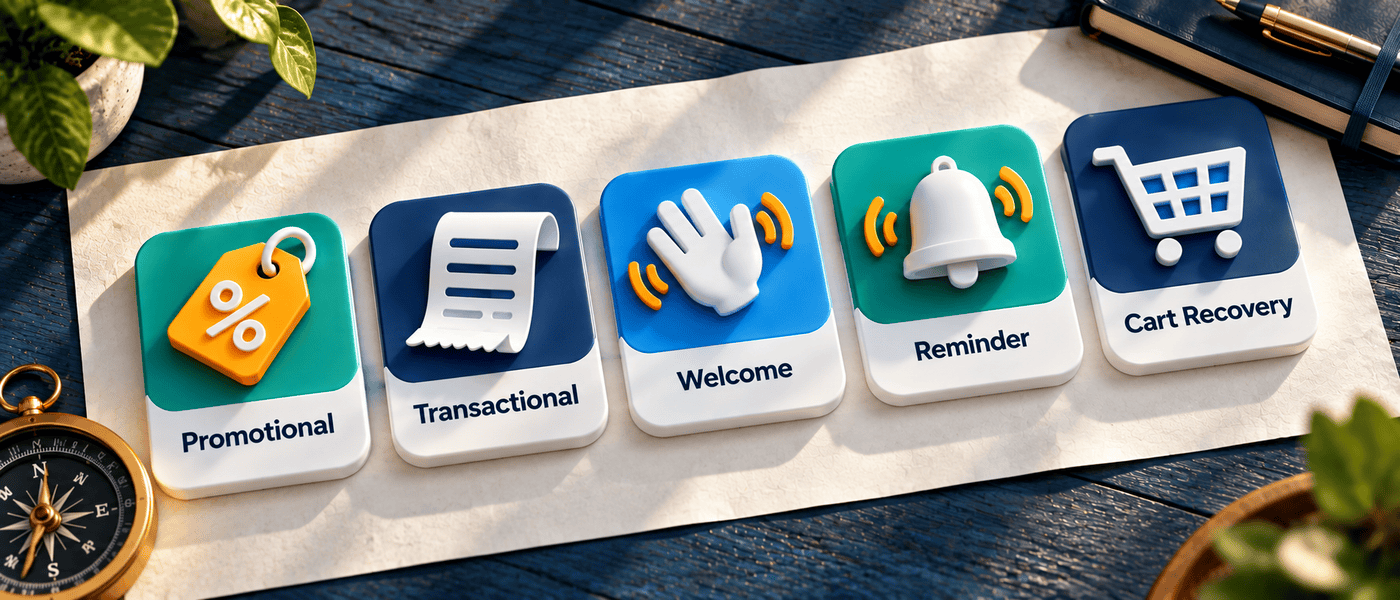 Five SMS message types shown as soft-3D cards: promotional, transactional, welcome, reminder, and cart recovery
