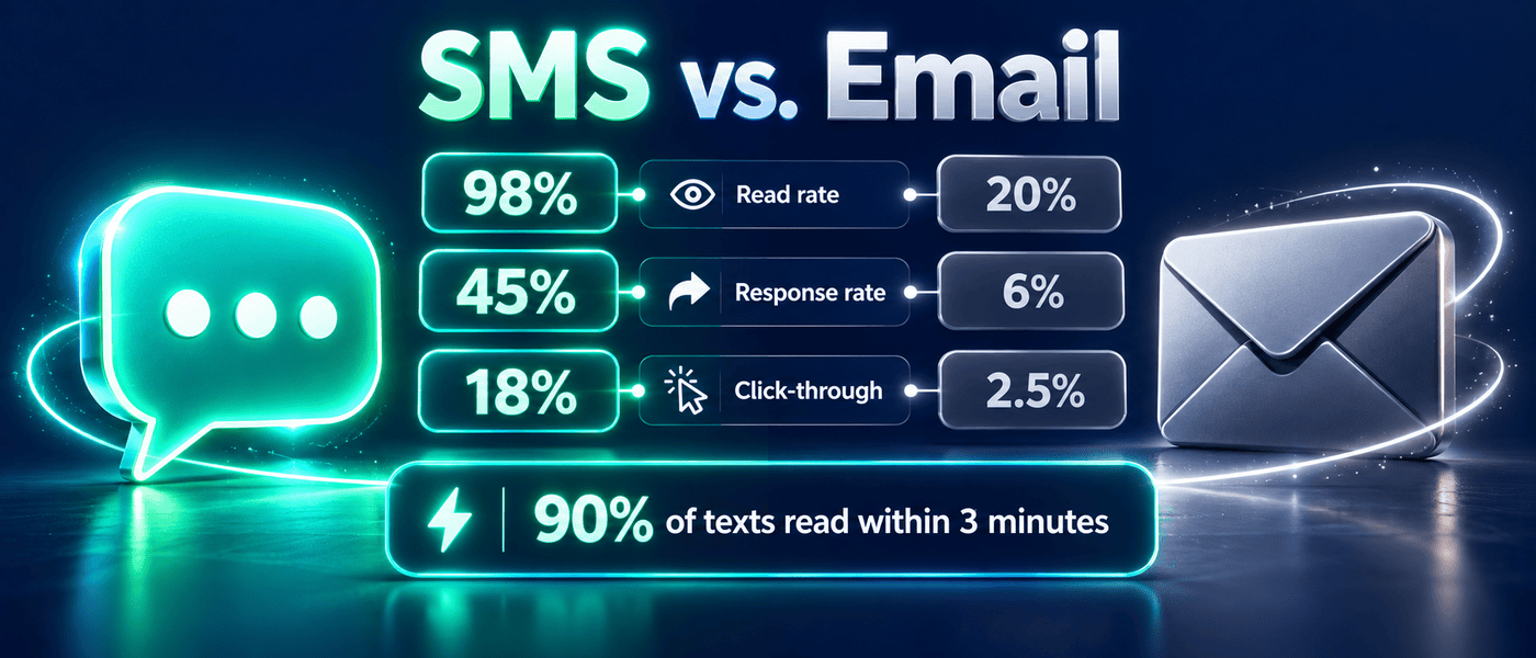 Infographic comparing SMS and email: 98% vs 20% read rate, 45% vs 6% response rate, 18% vs 2.5% click-through, and 90% of texts read within three minutes