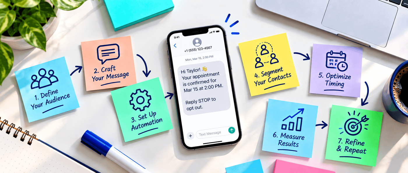 The seven steps of an SMS marketing strategy: define audience, craft message, set up automation, segment, optimize timing, measure, and refine