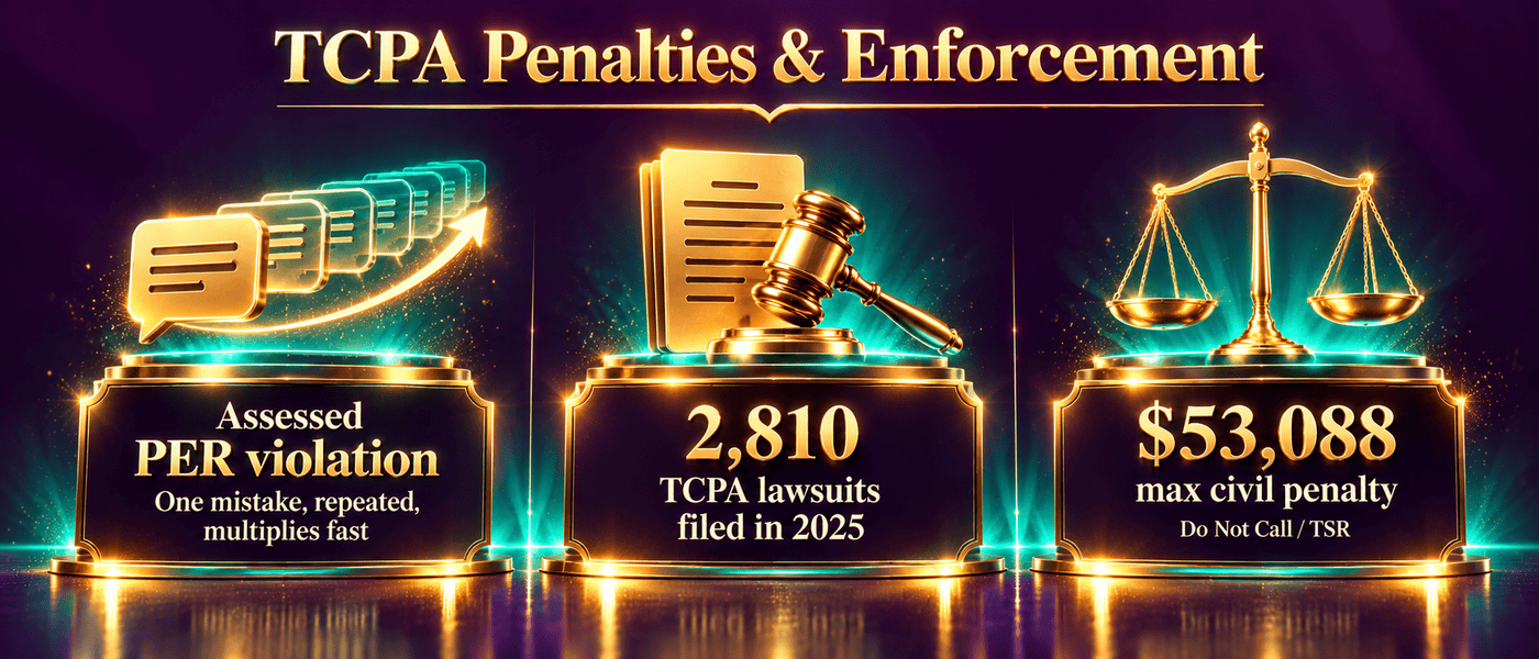 Infographic on TCPA penalties: damages assessed per violation, 2,810 TCPA lawsuits filed in 2025, and a $53,088 maximum civil penalty