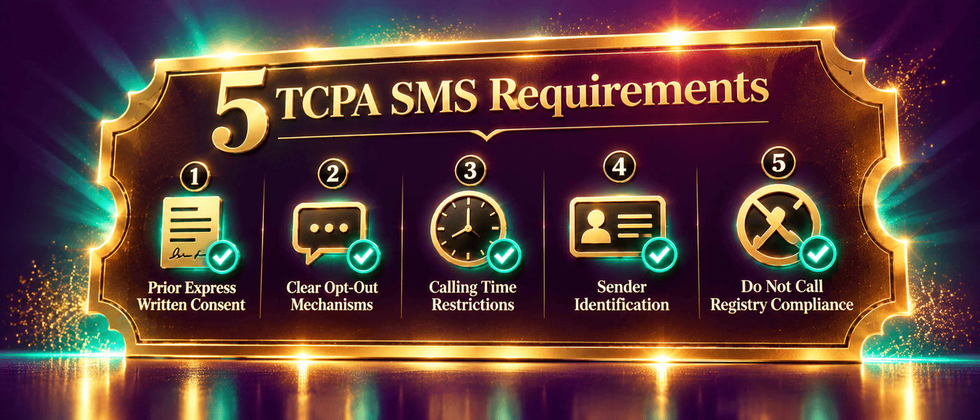 Infographic listing the five TCPA SMS requirements: prior express written consent, clear opt-out mechanisms, calling-time restrictions, sender identification, and Do Not Call Registry compliance