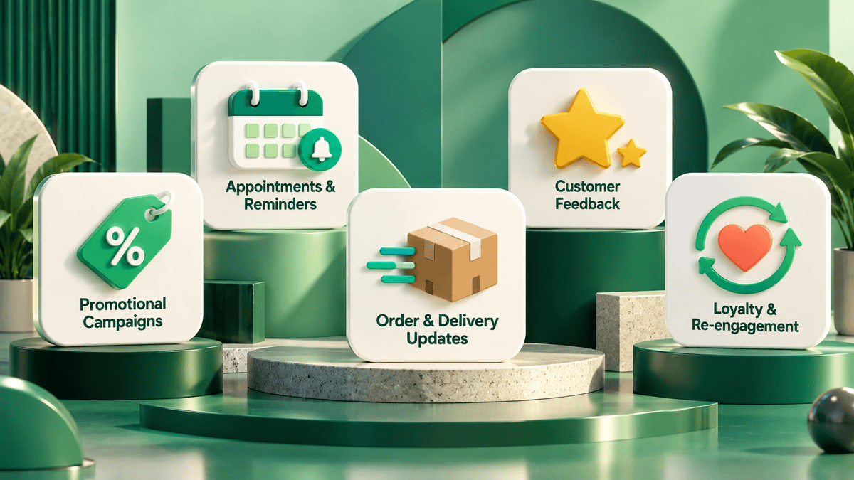Five ways businesses use RCS on Android: promotional campaigns, appointments and reminders, order and delivery updates, customer feedback, and loyalty and re-engagement