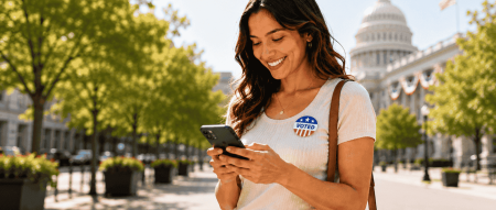 A voter reads a campaign text near the U.S. Capitol, showing how campaigns reach people the way businesses do.