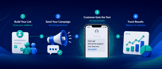 Illustration of the SMS marketing workflow: build your list, send a campaign, the customer receives the text, and track results.
