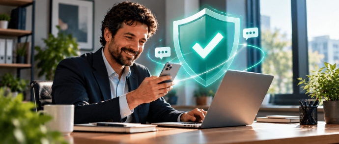 Smiling business professional texting on a phone at a desk, with a glowing green shield and checkmark representing compliant SMS marketing