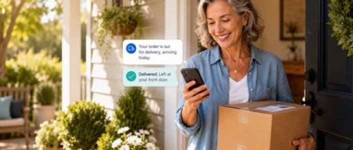 Older customer receiving a package and reading a delivery-update text