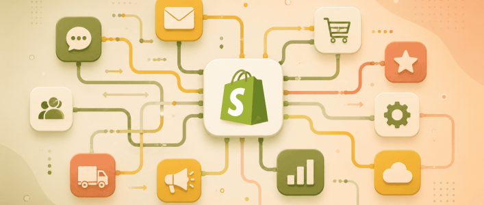 A Shopify store connected to marketing, communication, and operations integrations