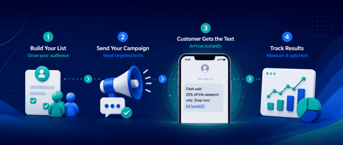Illustration of the SMS marketing workflow: build your list, send a campaign, the customer receives the text, and track results.