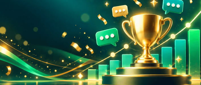 Illustration of a trophy and rising growth charts representing real SMS marketing results
