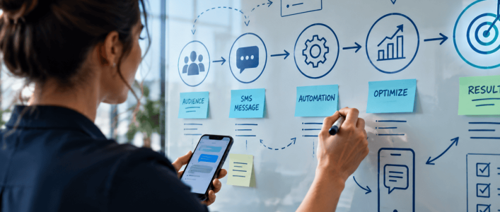 Blueprint-style illustration of an SMS marketing strategy plan with connected campaign steps