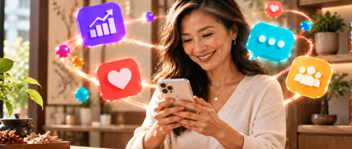 Illustration of a business owner surrounded by glowing benefits of SMS marketing