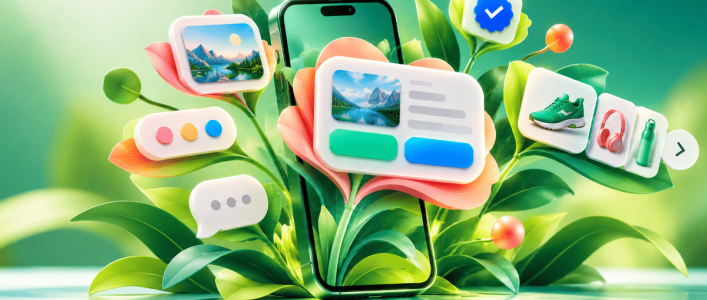 A green smartphone blooming with RCS rich-message cards shown as flowers: an image card, reply buttons, a product carousel, and a verified badge