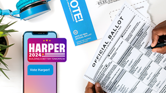 Illustration of a simple text displayed on a phone next to a ballot