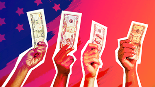 Illustration of hands holding up dollar bills, with a political-themed backdrop or near ballot boxes