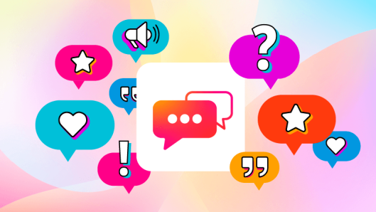 Illustration of a text platform sending texts to various phones, each with different icons, like question marks, megaphones, hearts, ♻️, etc.
