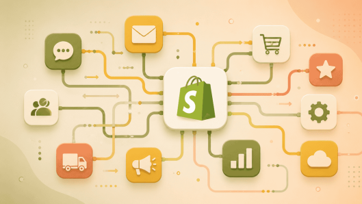 A Shopify store connected to marketing, communication, and operations integrations