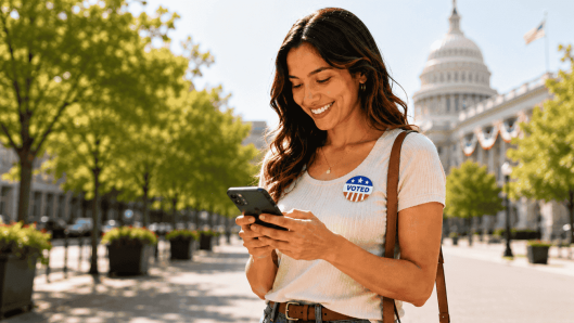 A voter reads a campaign text near the U.S. Capitol, showing how campaigns reach people the way businesses do.