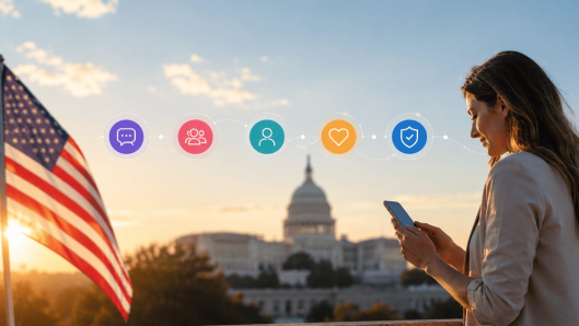 An elected official reads constituent text messages on her phone with the U.S. Capitol at sunset, beside a row of icons for messaging, community, personalization, care, and trust
