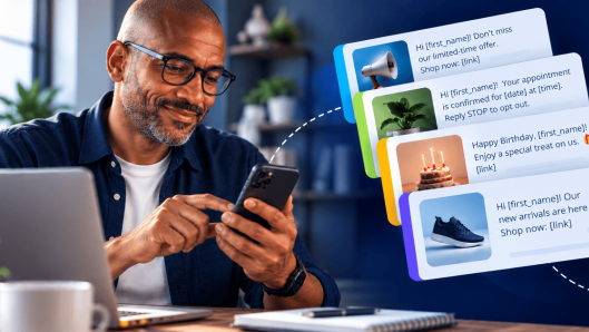 Business owner picking a ready-to-use SMS marketing template on a phone and sending it, with promo, appointment, birthday, and new-arrivals message examples