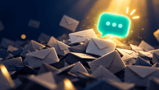 Illustration of a bright green text message bubble standing out above a pile of ignored gray emails