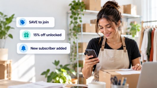 Small business owner checking new SMS opt-in alerts on her phone