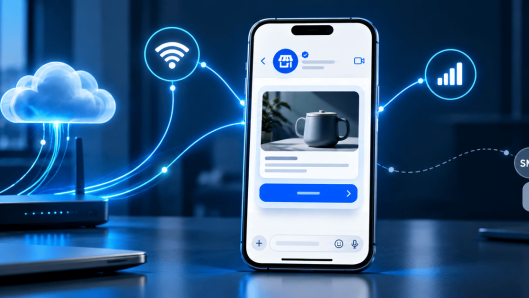 Smartphone showing a rich RCS message linked to a WiFi router, cloud, and signal icon with an SMS fallback bubble on an office desk