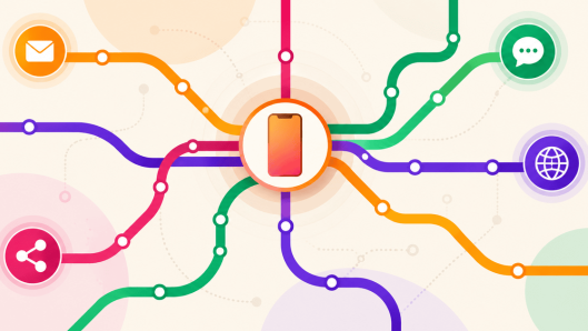 Transit-map style diagram with a smartphone hub at the center linked by colorful lines to email, chat, web, and social channel icons